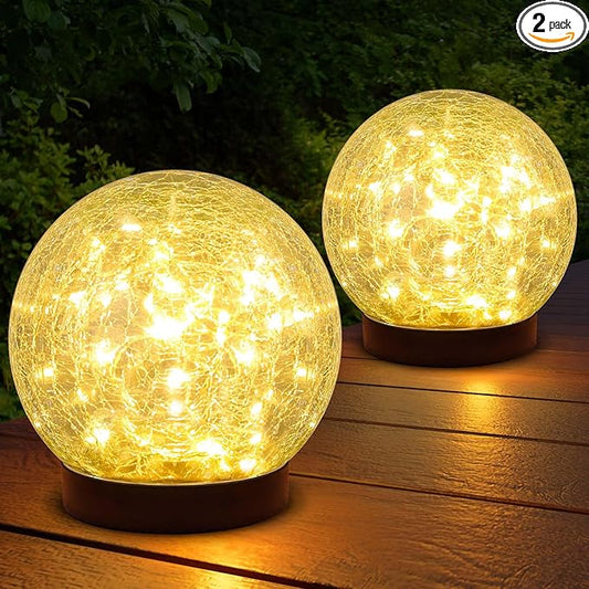 2-Pack Garden Solar Lights Outdoor, Cracked Glass Ball Light Waterproof, Decorative Solar Globe Lights Warm White for Yard Pathway Patio Lawn ASOMST