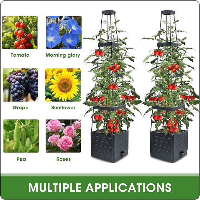 MQFORU 2 Packs Raised Garden Bed Tomato Planter with Trellis, 57" Tomato Cages for Climbing Vegetables Plant, Self Watering Planters Box for Garden Pots for Patio Greenhouse Indoor Outdoor（2PCS） MQFORU