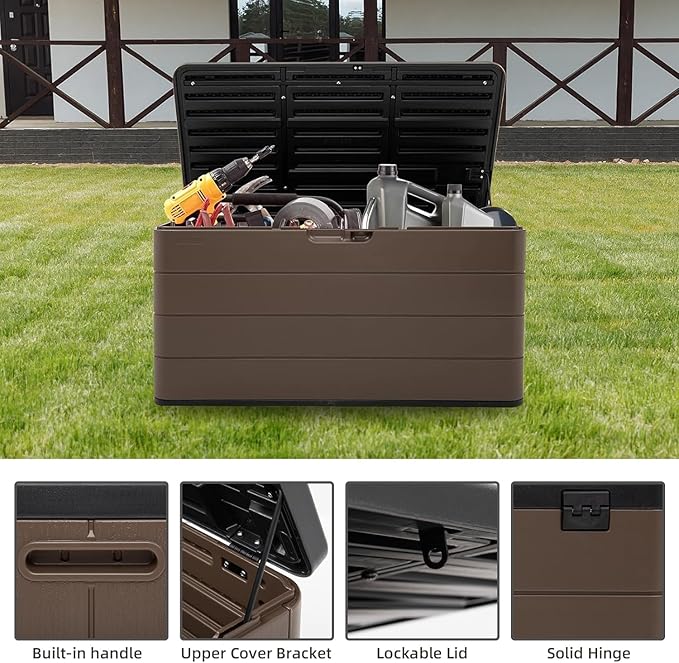 TARKARI Premium Pro Edition 100 Gallon Lockable Resin Deck Box, Waterproof & UV-Resistant Outdoor Storage Box for Outdoor Cushion Storage, Garden Tools & Pool Accessories Storage, Brown Home