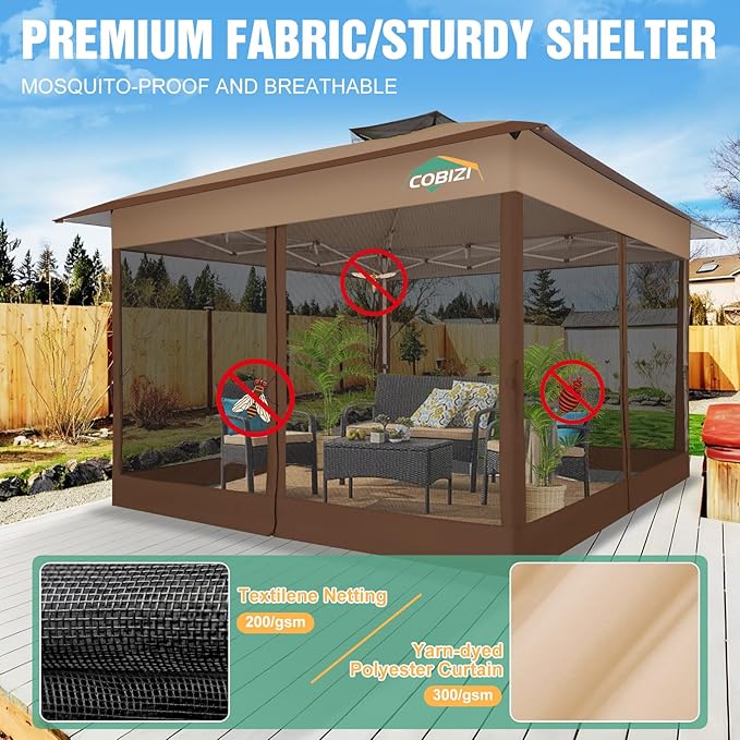 COBIZI 13x13 Pop Up Gazebos On Clearance Canopy Tent- Upgrade Metal Outdoor Canopy Waterproof - Portable Gazebo with Mosquito Nettings, 4 Ropes 8 Stakes and Carry Bag for Patio Garden(Brown) COBIZI
