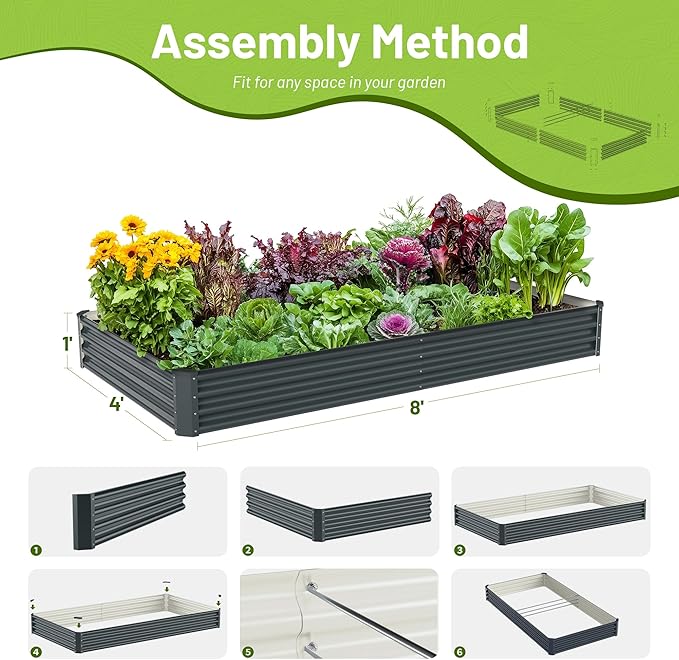 2PCS 8x4x1FT Galvanized Raised Garden Bed, Galvanized Planter Raised Garden Boxes Outdoor, Large Metal Raised Garden Beds for Vegetables-Grey AyenGuard