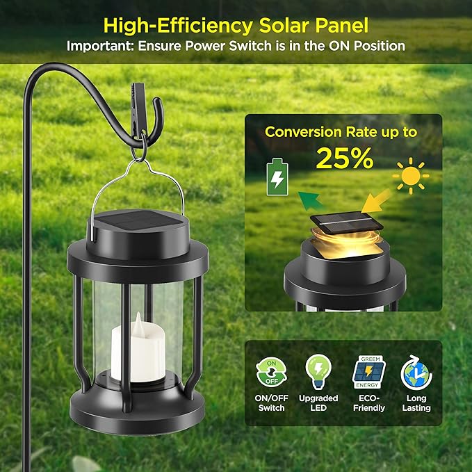 Solar Lantern Outdoor & Indoor Use – Hanging Solar Lights with Realistic Flickering Flameless Candle, Weatherproof for Gardens, Patios, Trees, and Lawns (Black, 4 Pack) Rootora