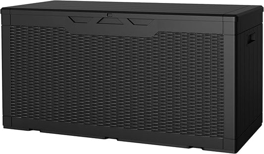 JUMMICO 100 Gallon Resin Deck Box, Waterproof Outdoor Storage Box with Lockable Lid for Garden Tools, Patio Cushions (Black) JUMMICO
