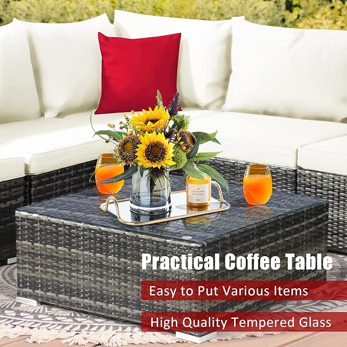 Tangkula 7 Pieces Wicker Patio Furniture Set, All-Weather Outdoor Rattan Sectional Sofa Set with Cushions & Tempered Glass Coffee Table, Outside Sofa Set for Garden, Lawn, Deck, Backyard (White) TANGKULA