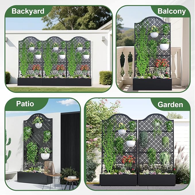 Metal Raised Garden Bed with Trellis & Privacy Screen - 83"x40"x11.8" Freestanding Planter Box for Patio Balcony, Modern Planter with Drainage Holes for Climbing Plants, Flowers & Vegetable XOCUWU