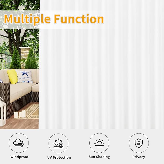 Easy-Going Outdoor Patio Curtains Detachable Tab Top Windproof Weatherproof Curtain for Cabana, Porch, Pergola and Gazebo, Tab Bottom Drape, 2 Panels, 110W x 120L inch, White Easy-Going