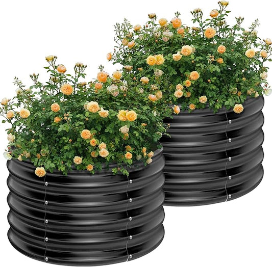 AHEONLAR 2 Pack 2x2x1.5ft Round Galvanized Raised Garden Bed Outdoor Metal Planter Box for Vegetables Steel Raised Beds for Gardening Grey AHEONLAR