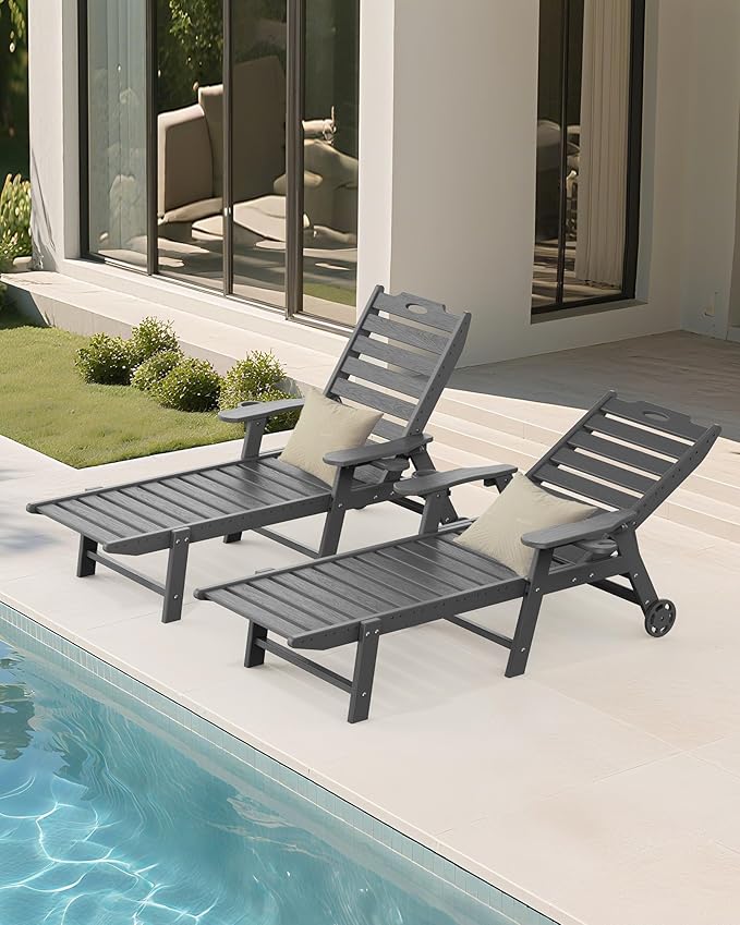Carauci Lounge Chair Outdoor, HDPE Chaise Lounge with Wheels, 5-Position Adjustable Backrest & 2 Cup Holders Patio Lounge Chair, All-Weather Pool Sun Lounger for Poolside, Backyard, Grey Carauci