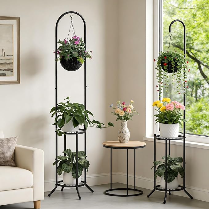 2-tier Hanging Plant Stand Plant Hanger Indoor Outdoor Corner Plant Stands for Indoor Plants, Space-Saving Iron Planter Shelves, Multiple Flower Pot Display Holder Shelf with Hanging Hook, Indoor Outdoor Heavy Duty Planter Shelving Unit (n-style,Black) Dawnyard