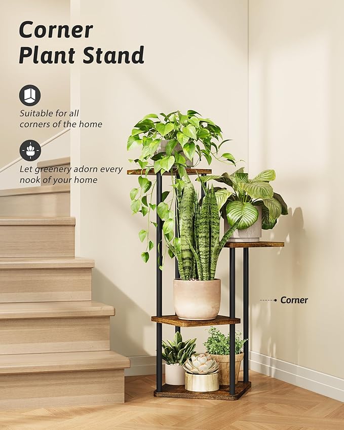 Tall Plant Stand Indoor 4 Tiered Plant Shelf for Multiple Plants Coner Shelf Stand Wood Plant Stand Metal Shelving for Living Room Bedroom Balcony Patio Brown Oak Gentingbro