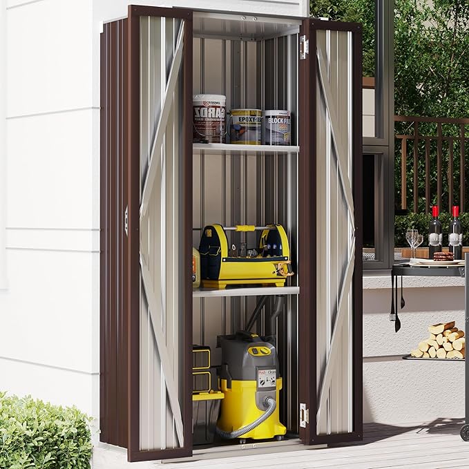 AECOJOY Outdoor Storage Cabinet Waterproof with Adjustable Shelves, Vertical Tall Garden Outdoor Cabinet, Sheds & Outdoor Storage Clearance Cabinet Weatherproof for Outside in Brown AECOJOY