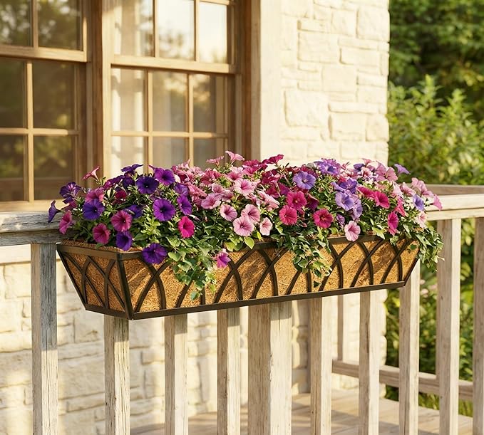 30 Inch Window Deck with Coco Liner, Fence Metal Hanging Flower Planter Window Basket Deck Railing Planter Boxes for Outdoor Garden Lawn，30" Window Boxes Horse Trough with Coconut Coir Liner, 2pcs YM