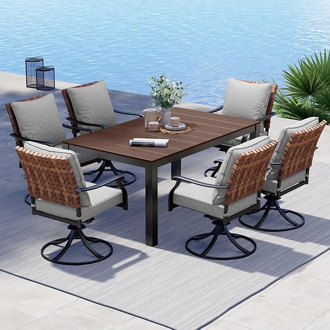Grand patio 7-Piece Outdoor Dining Set, 6 Leather-Look Resin Wicker Swivel Patio Chairs & 1 Rectangular Woodgrain Dining Table, Brown GrandPatio