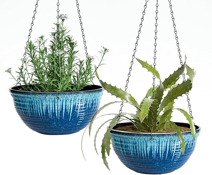 12 inch Hanging Planters for Indoor Outdoor Plants, 2 Pack Large Hanging Flower Pots with Drainage Holes and Chain, Glazed Hanging Baskets for Home Garden Decoration (Blue Flow Glaze) Vanslogreen