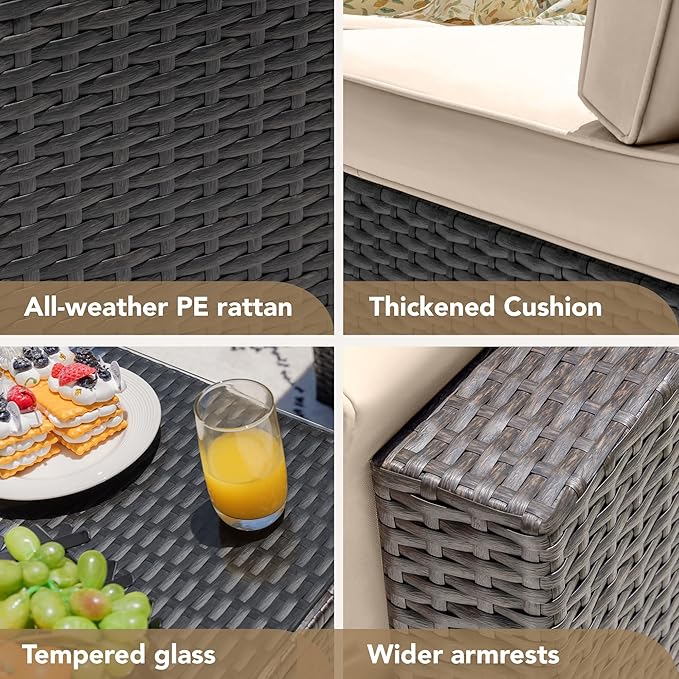 Devoko Patio Furniture Sets 6 Pieces Outdoor Sectional Rattan Sofa Manual Weaving Wicker Patio Conversation Set with Glass Table and Cushion (Beige) DEVOKO