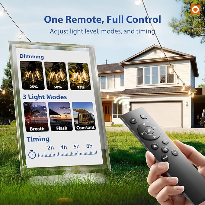 addlon 100FT(50FT*2) LED Outdoor String Lights with Remote Waterproof Patio Lights with 54 Shatterproof ST38 Replaceable Bulbs(4 Spare), Dimmable Outside Hanging Lights Connectable for Porch, Backyard addlon