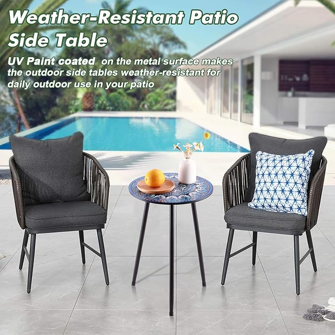 Metal Outdoor Side Tables Set of Two Small Outside Round End Table for Patio Modern Accent Garden Corner Table for Small Spaces, Balcony, Porch, Weather-Resistant, Plant Stand Indoor, Blue PartyZealot