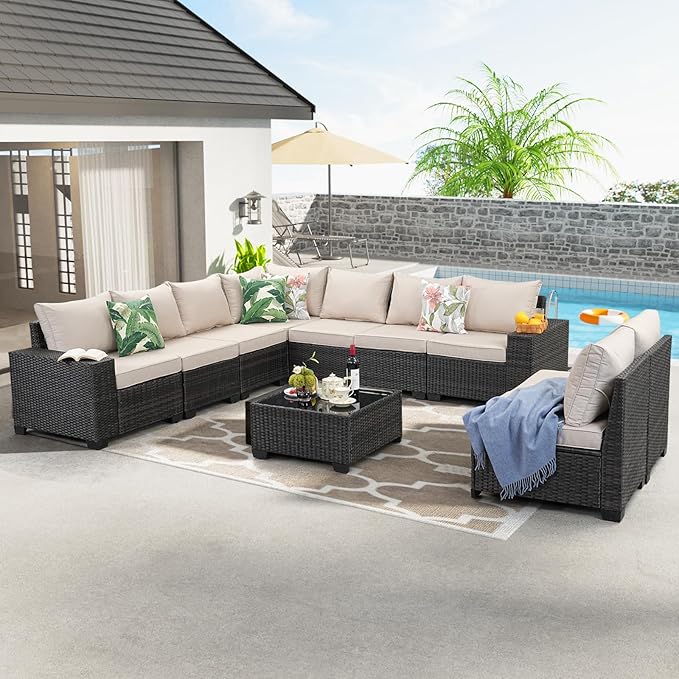 10 Pieces Patio Furniture Set All-Weather Outdoor Wicker Sectional Conversation Sofa Rattan Patio Seating Sofa with Cushion and Glass Table for Porch Poolside,Beige JOYURE