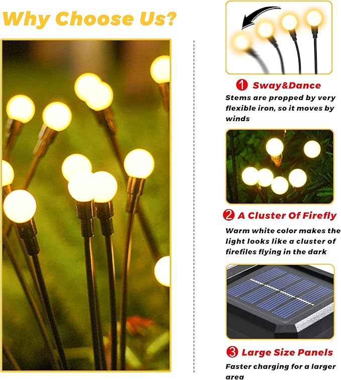 Solar Lights Outdoor-6Pack 48LEDs Solar Garden Firefly Lights Outside,Solar Powered Light Outdoor and Garden Decorative IP65 Waterproof,Yard Patio Pathway Decor,Gardening Gifts for Women,Warm White Rootora