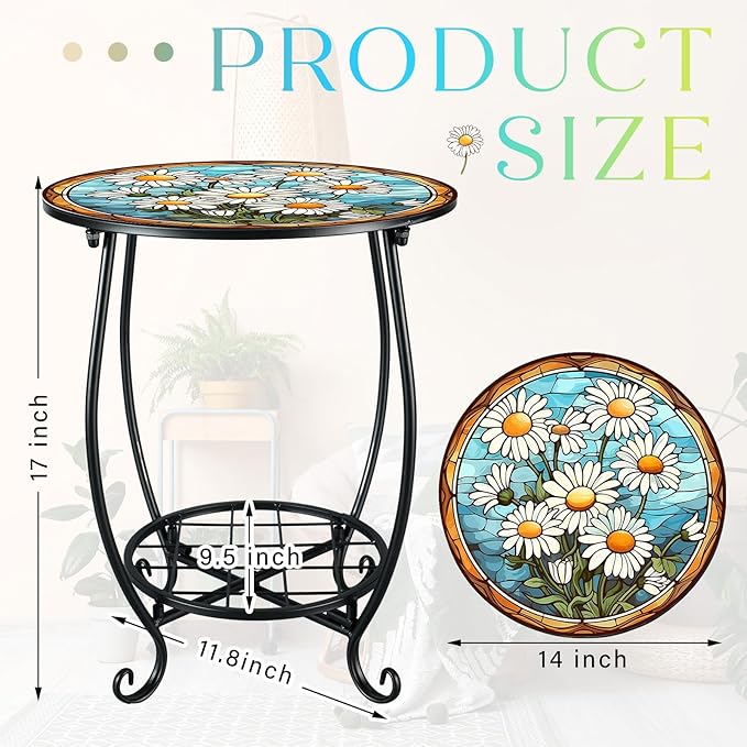 Outdoor Side Table Round Small Mosaic Patio Accent Indoor End Plant Coffee Tea Table for Yard Patio Porch Garden Living Room, Bedroom(Daisy Style,14 Inch) Cinnvoice