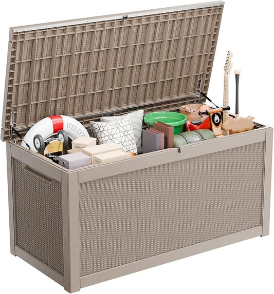 320 Gallon Waterproof Outdoor Storage Box,Large Resin Deck Box,Lockable Outside Storage Box Container for Patio Furniure,Garden,Tools (320 Gallon,Grey) MAIUSCOLI