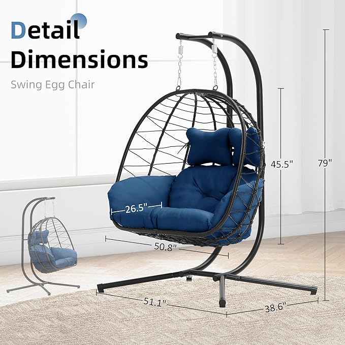 Double Egg Chair with Stand Hammock Swing Chair Foldable Hanging Loveseat, UV Resistant Removable Cushions, 700LBS Capacity for Bedroom, Balcony, Garden(BK-BL) DoubleTT