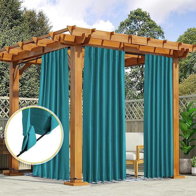 NICETOWN 2 Panels Outdoor Curtains Waterproof Pocket & Back Tab on Top & Bottom, Thermal Insulated Windproof Sun Blocking Outside Privacy Drapes for Patio with Fixed Rope, W52 x L84, Peacock Teal NICETOWN