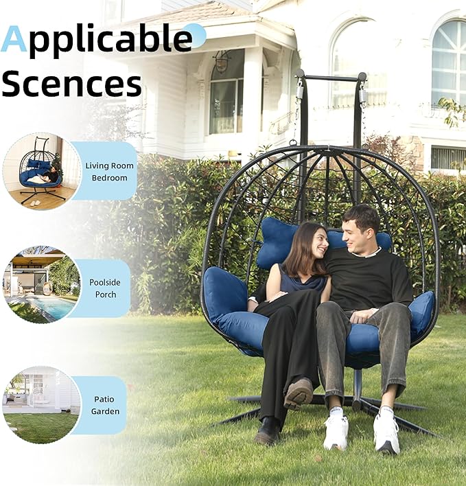 Double Egg Chair with Stand Hammock Swing Chair Foldable Hanging Loveseat, UV Resistant Removable Cushions, 700LBS Capacity for Bedroom, Balcony, Garden(BK-BL) DoubleTT