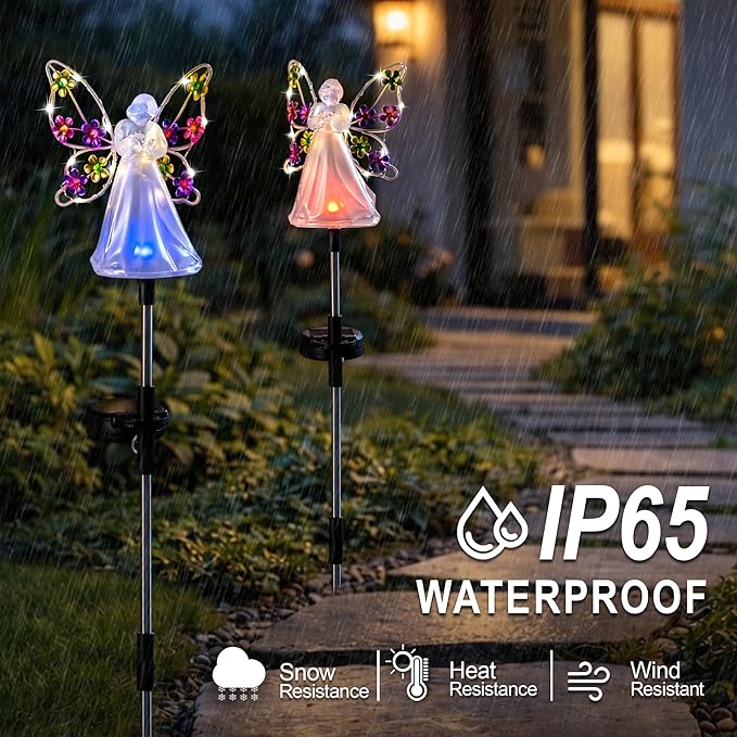 Angel Solar Lights for Cemetery Memorial Gift Grave Decorations Solar Angel Stake Lights Outdoor Waterproof Garden Decor Yard Lawn Ornaments, Angel Gifts for Women 2 Pack ELFENGARDEN
