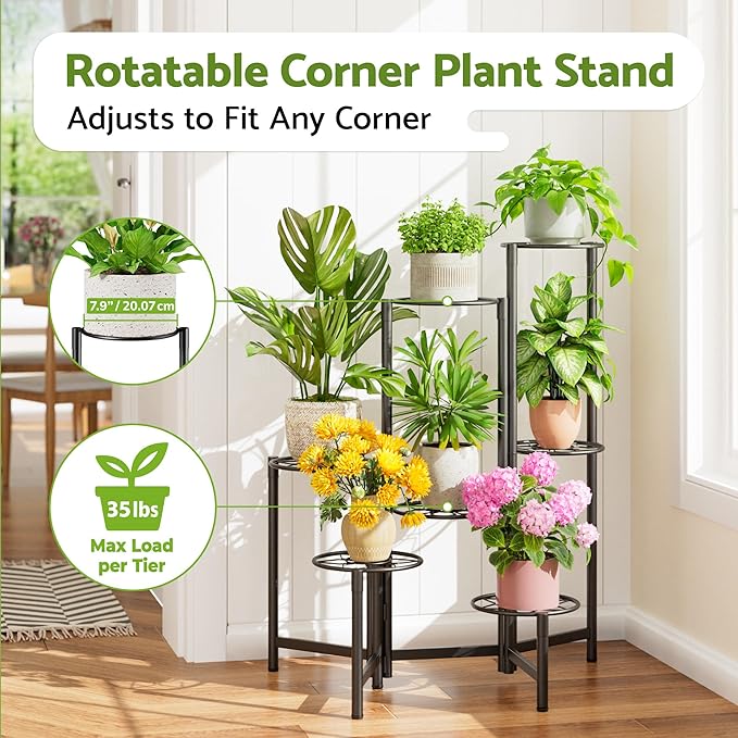 7 Tier Metal Patio Plant Stand Outdoor, Heavy Duty Flower Stands for Indoor Plants, Floding Tall Corner Shelf for Diaplay Racks for Home Decor, Graden, Balcony -BlackDiamond Rootora