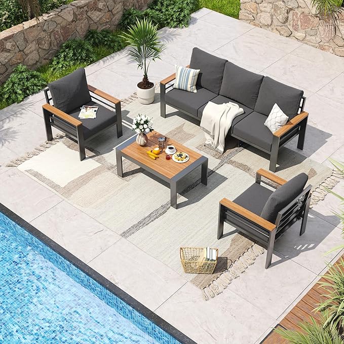 Aoxun Aluminum Patio Furniture Set 5 Seats, Oversized Outdoor Sectional with Washable Thick Cushions, Coffee Table, Patio Conversation Sets for Porch, Balcony, Deck Aoxun