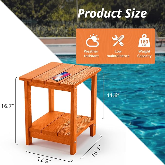 LUE BONA Adirondack Outdoor Side Table, 2-Tier Orange HDPS Patio End Table Weather Resistant, Morden Side Table for Patio, Pool, Porch LUEBONA