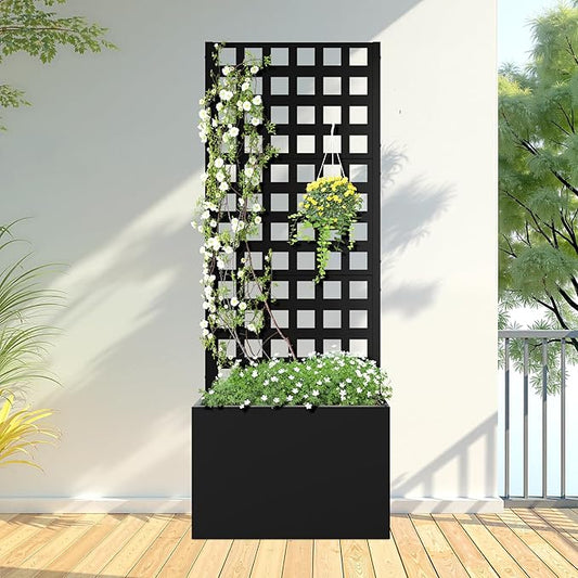 FENCY Metal Planter Box with Trellis, Planter Trellis for Climbing Plants Vegetable Vines, Trellis with Planter Box & Privacy Screen, Raised Garden Bed with Drainage Holes (23.6" L x 63" H/Lattice) FENCY
