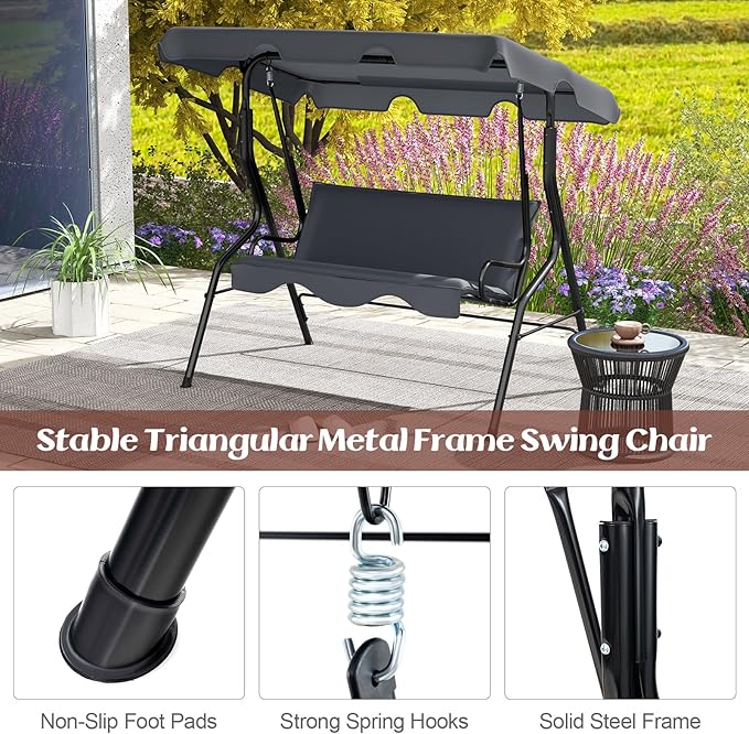 Tangkula 3 Person Porch Swing, Patio Swing with Removable Cushion & Powder-Coated Steel Frame, Outdoor Swing with Canopy for Porch, Backyard, Garden, Balcony (Gray) TANGKULA