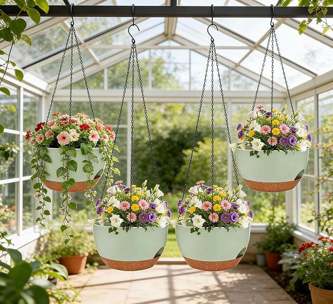 Set of 4-8 Inch Self Watering Hanging Planters for Indoor Outdoor，Hanging Plant Pots with Drainage & Removable Tray, Hanging Pots Holder for Ivy, Pothos, Ferns, Balcony & Patio, Green Brown zople