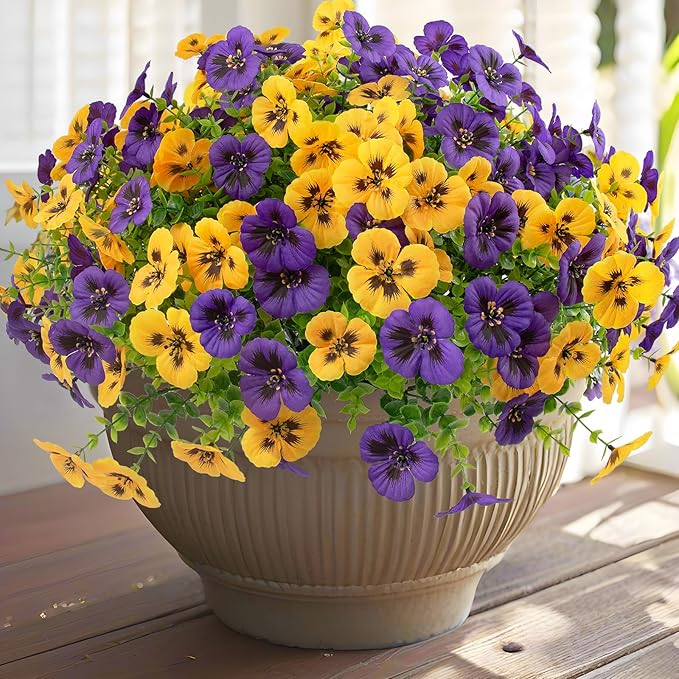 36 Pcs Artificial Fake Pansy Flowers for Outdoor, Faux UV Resistant Silk Pansies Flowers for Outside Planter Front Door Porch Yard Patio Window Box Home Decor (36, Yellow,Purple) RowfadFlora