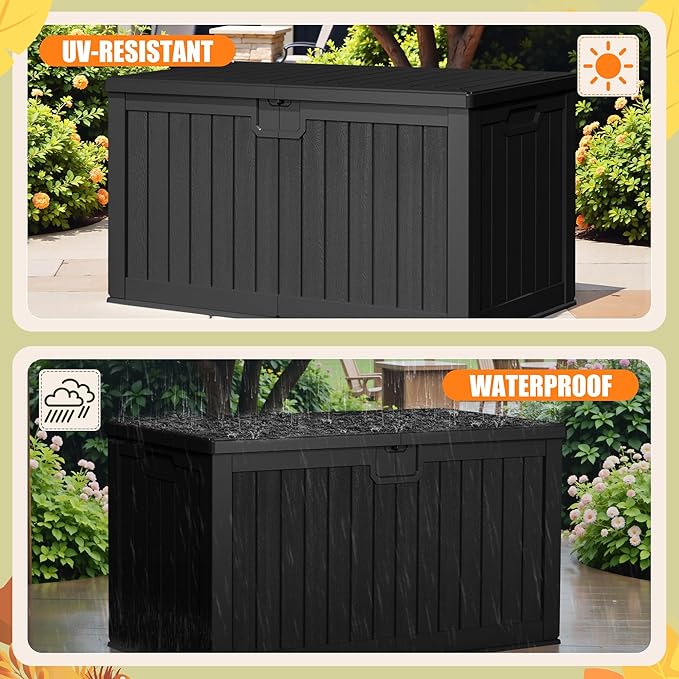 Devoko 240 Gallon Double-Wall Deck Box with Divider, Side Handles, Resin Outdoor Large Storage Box Waterproof and Lockable for Patio Furniture, Garden, Pool (Black) DEVOKO