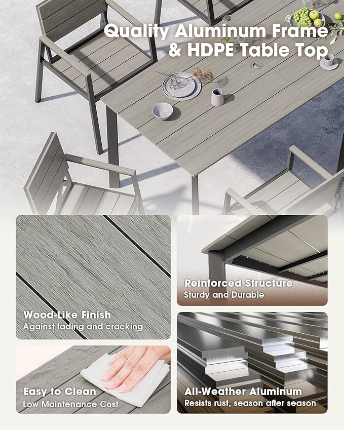 Outdoor Patio Dining Table, HDPS & Aluminum Outdoor Table with Umbrella Hole, All-Weather for Deck, Garden, Lawn, Backyard, Poolside (Classic Gray) ComfCove