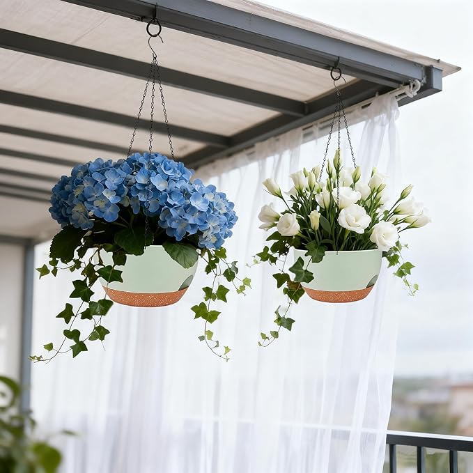 Set of 4-8 Inch Self Watering Hanging Planters for Indoor Outdoor，Hanging Plant Pots with Drainage & Removable Tray, Hanging Pots Holder for Ivy, Pothos, Ferns, Balcony & Patio, Green Brown zople