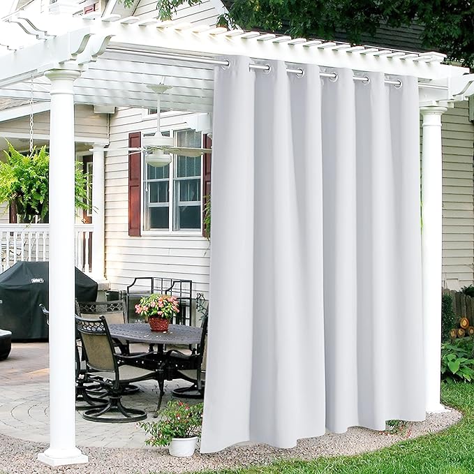 RYB HOME Outdoor Curtains 108 inches Long - Waterproof Privacy Blackout Indoor Outdoor Deck for Patio Door Canopy Divider Backdrop Lanai Pavilion Pergola, W 84 x L 108, 1 Pc, Grayish White RYBHOME