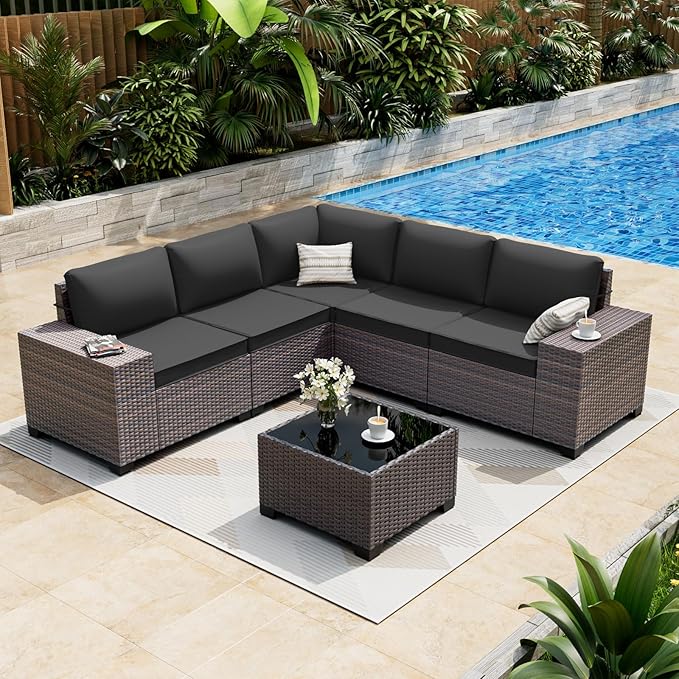 ALAULM 6 Pieces Patio Furniture Set, Oversized Seat/Armrest and High Back Wicker Sectional Furniture Set with Thick Cushion for Backyard, Garden, Black ALAULM