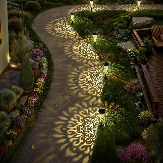 6 Pack Solar Lights Outdoor Garden Decorative Mandala Solar Pathway Lights Waterproof Plastic Outside Solar Path Landscape Lights Gardening Gifts for Women Mom Backyard Walkway Yard Decor gardencave