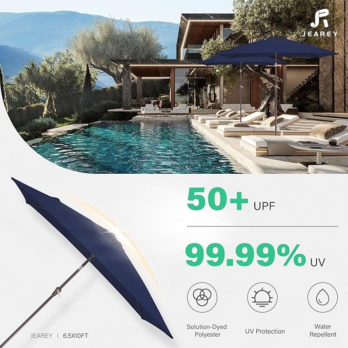 JEAREY 6.5x10 ft Rectangular Patio Umbrellas Rectangle Outdoor Umbrella with Push Button Tilt and Crank, Market Table Umbrella 6 Sturdy Ribs UV Protection for Poolside Garden Backyard Deck, Navy JEAREYOutdoorsCollection