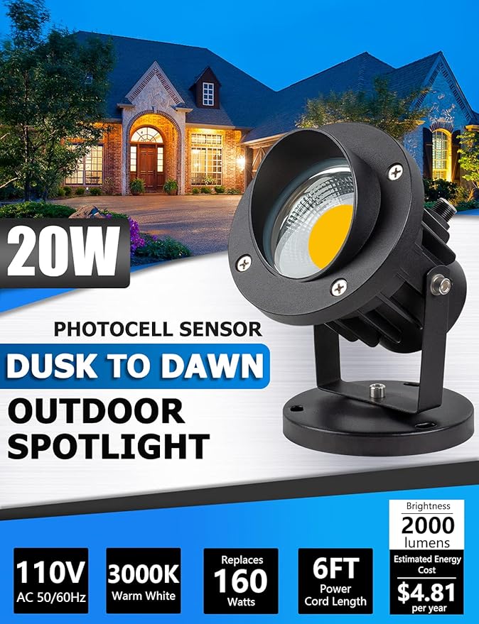 SUNVIE 20W Spot Lights Outdoor with Photocell Sensor, Dusk to Dawn LED Landscape Spotlights, Waterproof 120V 2000LM 3000K Landscape Lighting for Yard Flag Tree Garden 6 FT US 3-Plug in Cord, 2 Pack SUNVIE