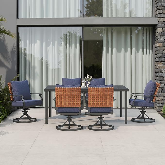 Grand patio 7-Piece Outdoor Dining Set, 6 Leather-Look Wicker Swivel Patio Chairs & 1 Straight Legs Rectangular Dining Table, Blue GrandPatio