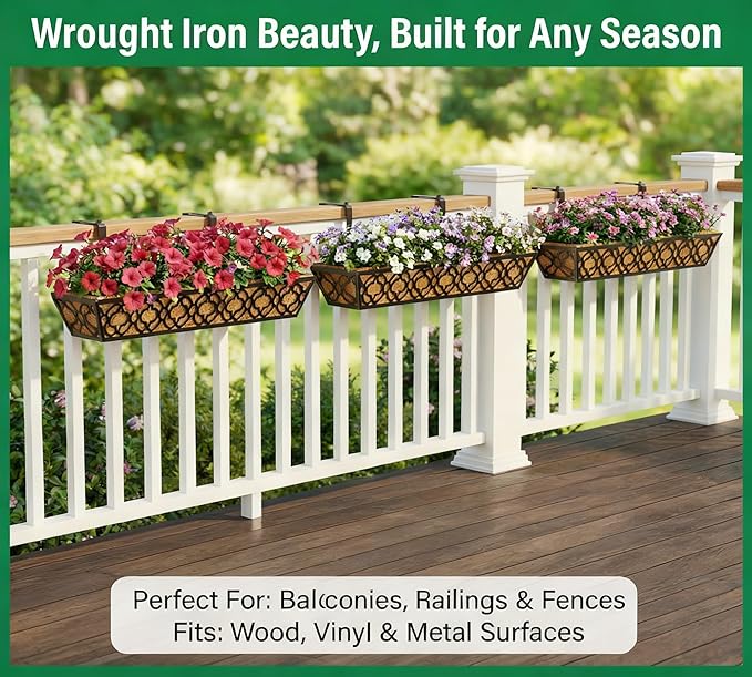 Y&M 2pcs 30" Window Boxes Horse Trough with Coconut Coir Liner,30 Inch Window Deck with Coco Liner, Black Metal Hanging Flower Planter Window Basket Deck Railing Planter Boxes for Outdoor Indoor YM