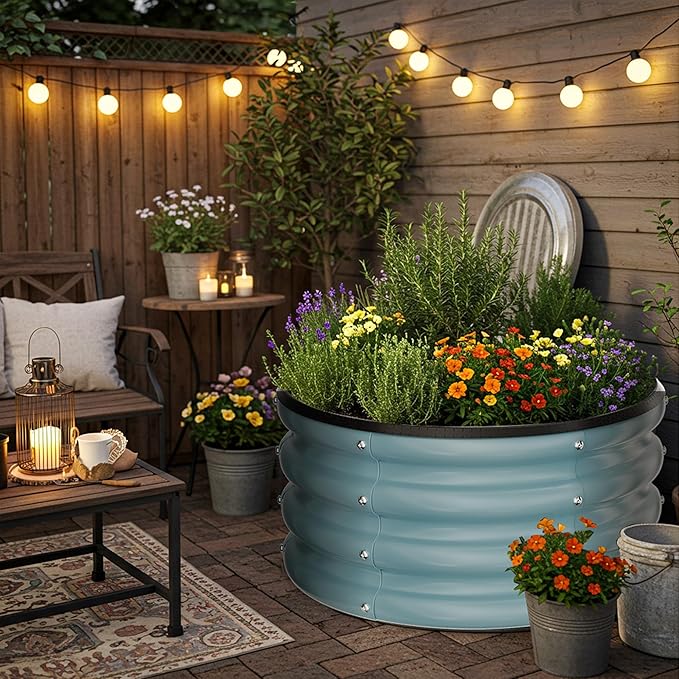 ZXZYHFTY Round Galvanized Raised Garden Bed kit,Blue Outdoor Garden Raised Planter Box, Round Large Metal Raised Garden Beds for Vegetable 2 * 2 * 1ft 2 Pcs ZXZYHFTY