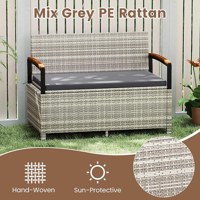 RELAX4LIFE Wicker Outdoor Storage Bench, Rattan Deck Box w/Protective Liner for Patio Furniture Pillows & Garden Tools, Porch Loveseat with Seat Cushion, Acacia Wood Armrests (Grey) RELAX4LIFE