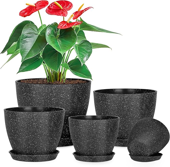5 Pcs Plant pots, 7.5/6.5/5.7/4.9/4.1 inch Pots for Plants, Flower Pot Indoor Modern Decorative Plant Pot, Plant Pots Indoor with Drainage and Saucer for All House Plants (Drainage Set of 5 Black) LOKEISNA