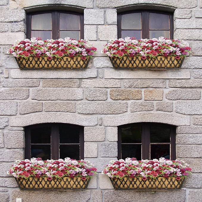 4 Pack 24 Inch Window Boxes Planters Railing Planter Box with Adjustable Brackets for Porch Fence Patio Balcony Hanging Flower Baskets with Coco Liners for Outdoor Garden Decor - Bronze KarlliuHOMEGARDEN